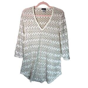 Jordan Taylor women’s Ivory Lace swimsuit V-neck Tunic Cover Up Size large Sheer
